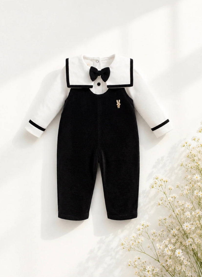 Bunny Embroidered Velvet Overall Set