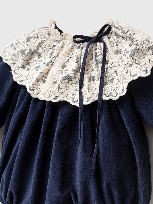Lace Collar Velvet Romper Set