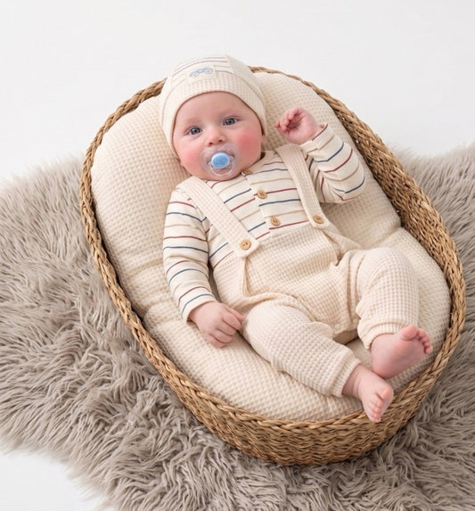 Waffle Striped Overall & Hat Set