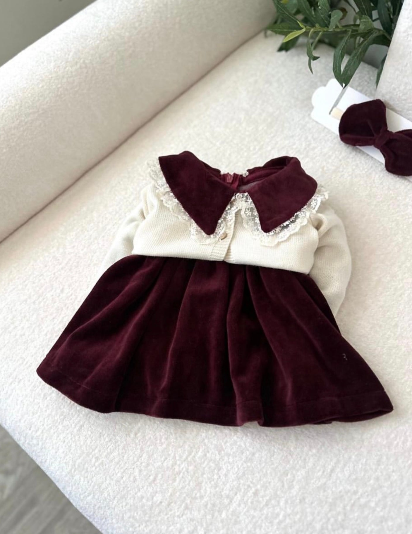 Burgundy Velvet Dress & Cardigan Set