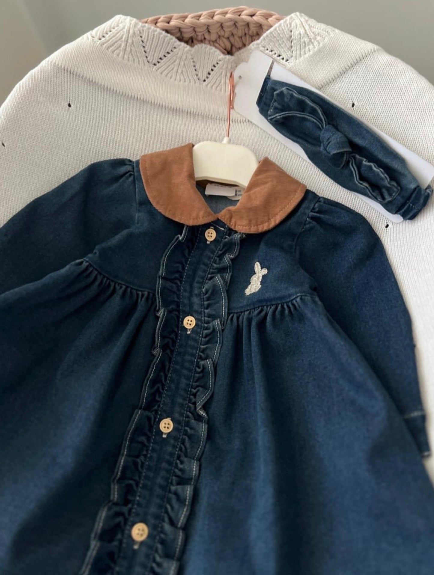 Bunny Embroidered Denim Dress Set