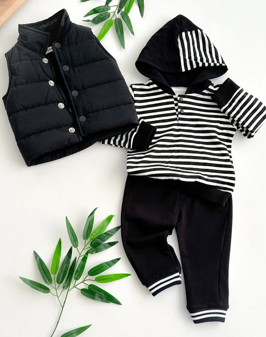 Striped Hooded Top, Puffer Vest & Pants Set (3pcs)