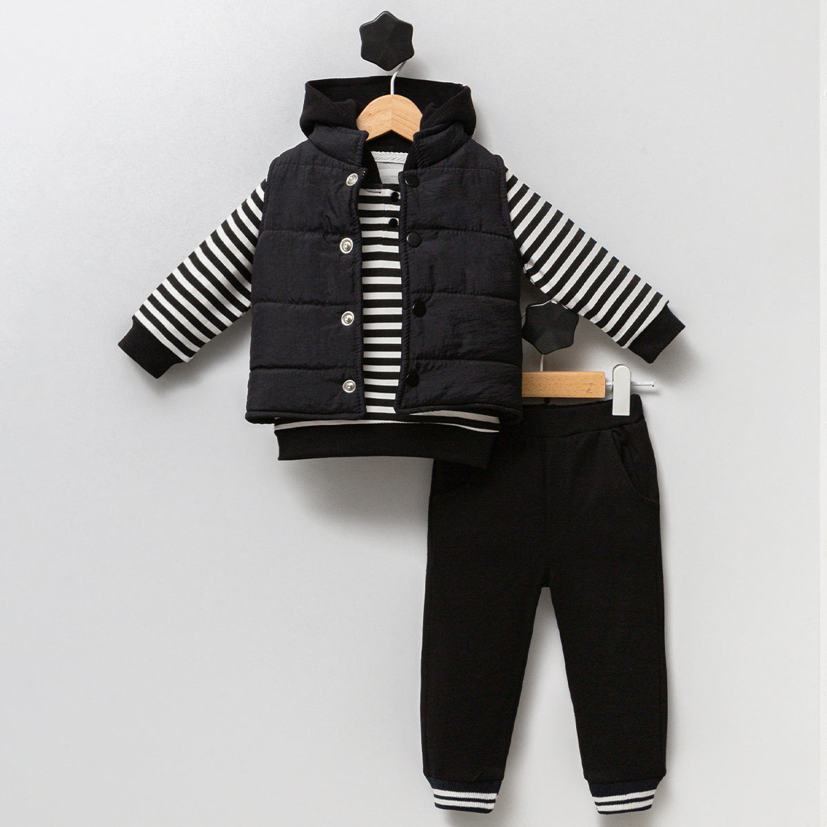 Striped Hooded Top, Puffer Vest & Pants Set (3pcs)