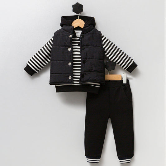 Striped Hooded Top, Puffer Vest & Pants Set (3pcs)