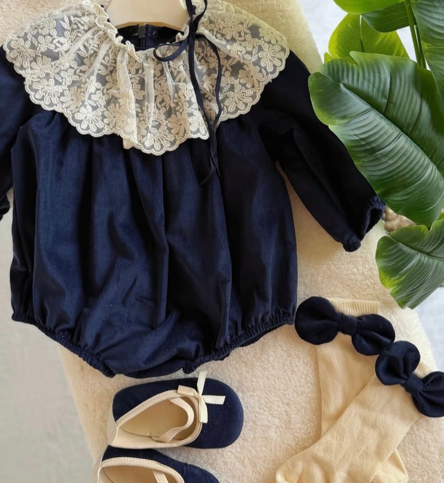 Lace Collar Velvet Romper Set