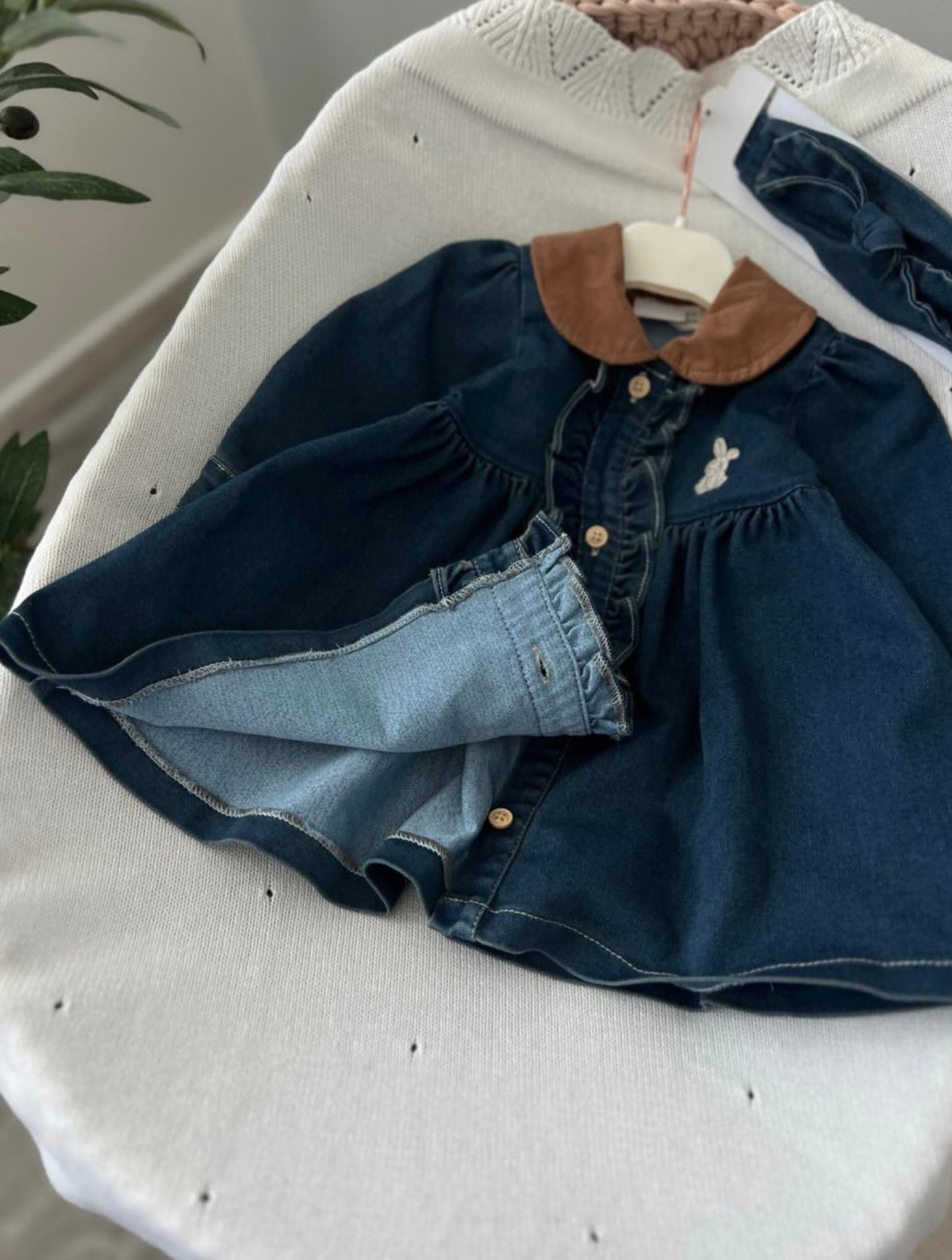 Bunny Embroidered Denim Dress Set