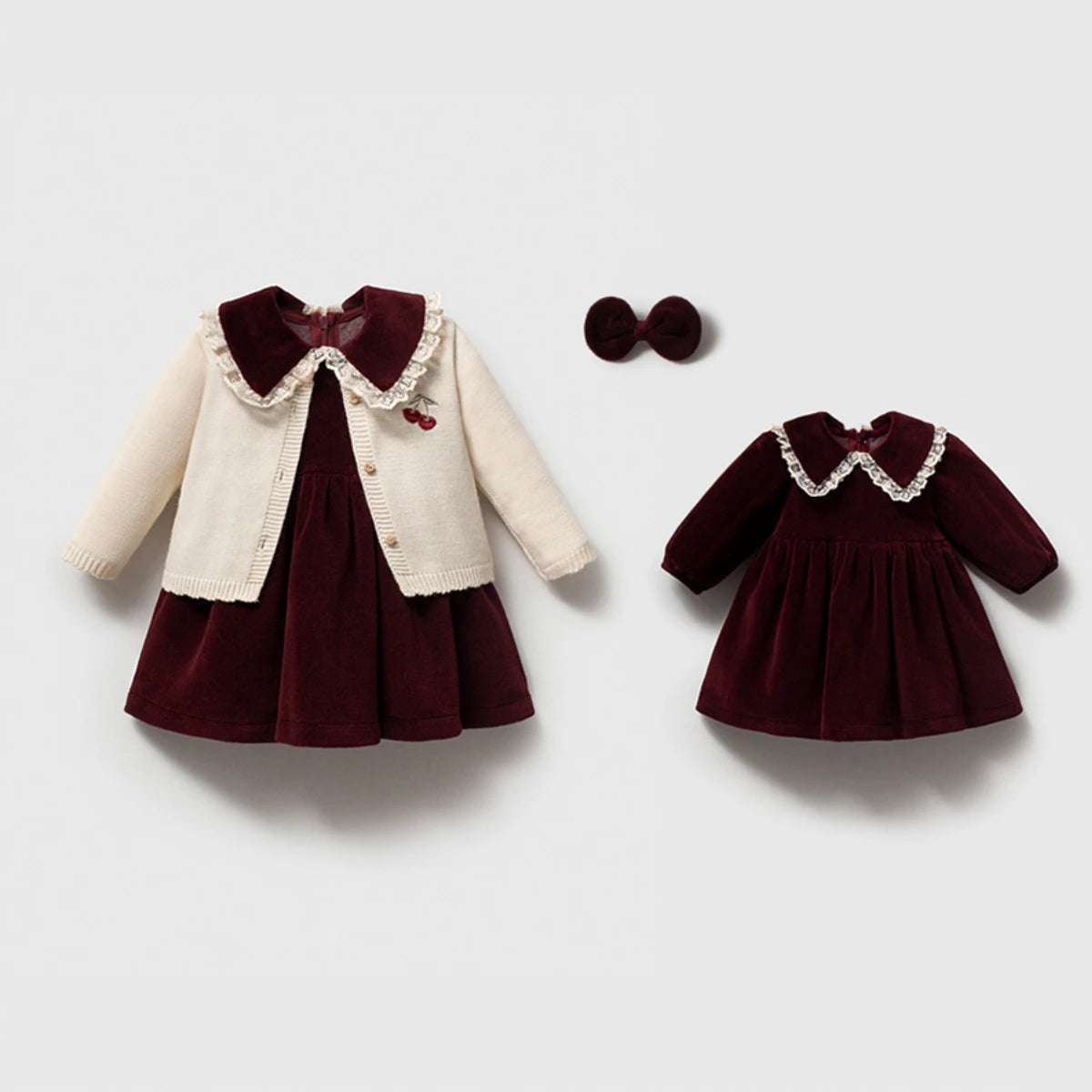 Burgundy Velvet Dress & Cardigan Set