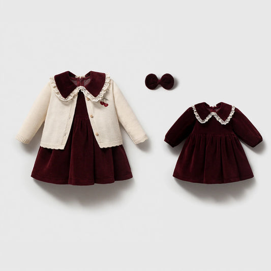 Burgundy Velvet Dress & Cardigan Set