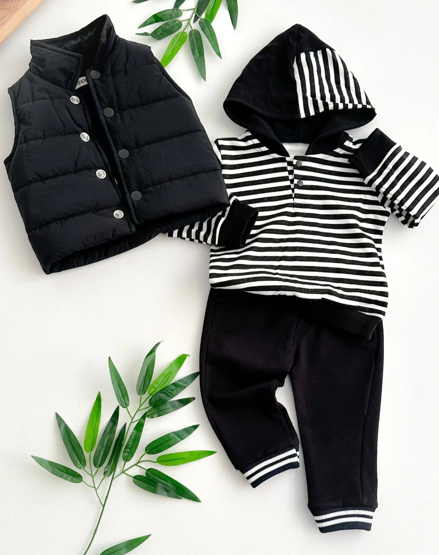 Striped Hooded Top, Puffer Vest & Pants Set (3pcs)