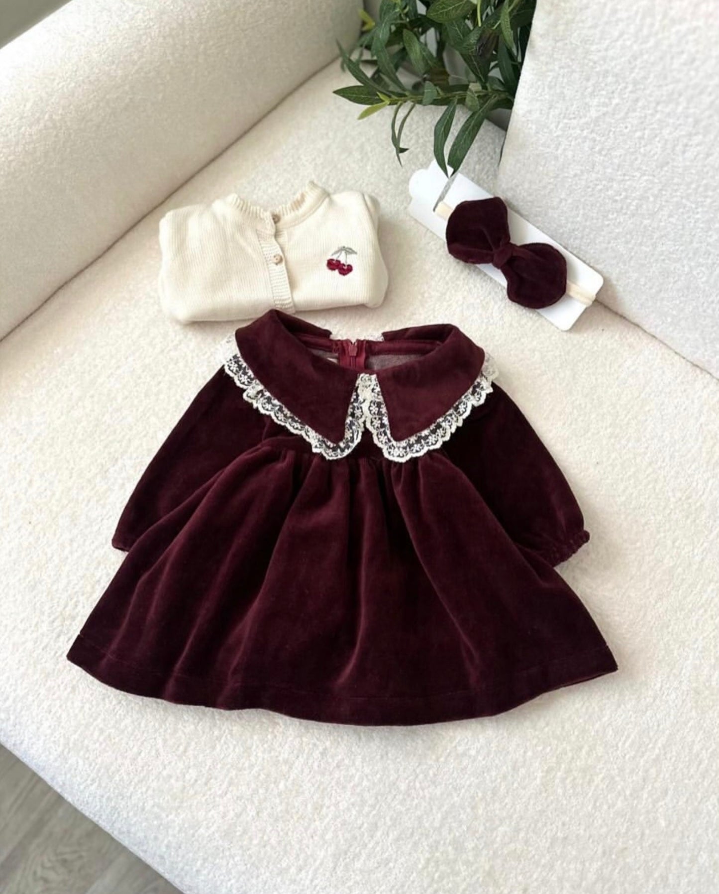 Burgundy Velvet Dress & Cardigan Set