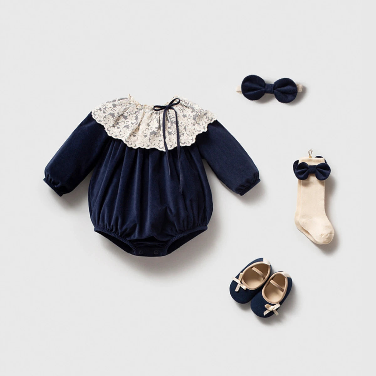 Lace Collar Velvet Romper Set