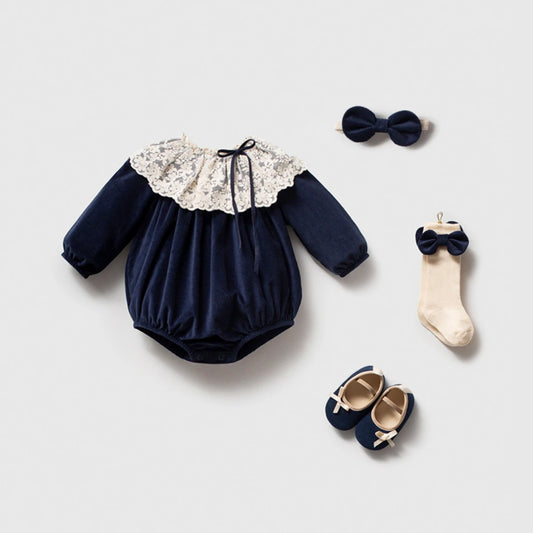 Lace Collar Velvet Romper Set