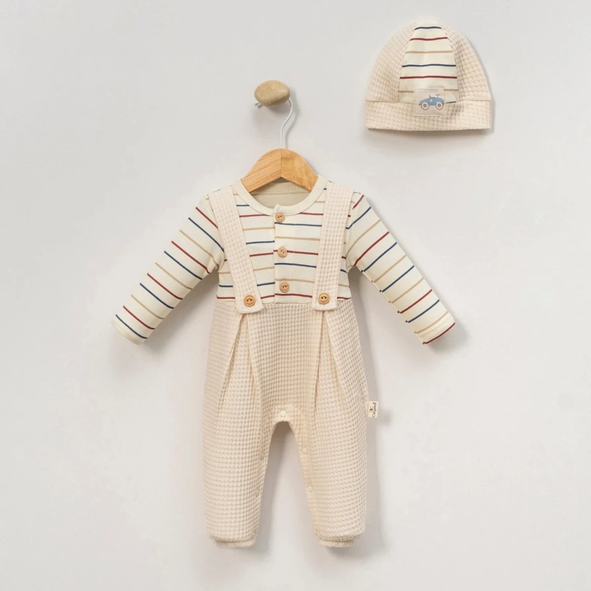 Waffle Striped Overall & Hat Set