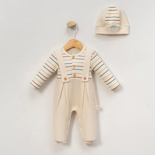Waffle Striped Overall & Hat Set